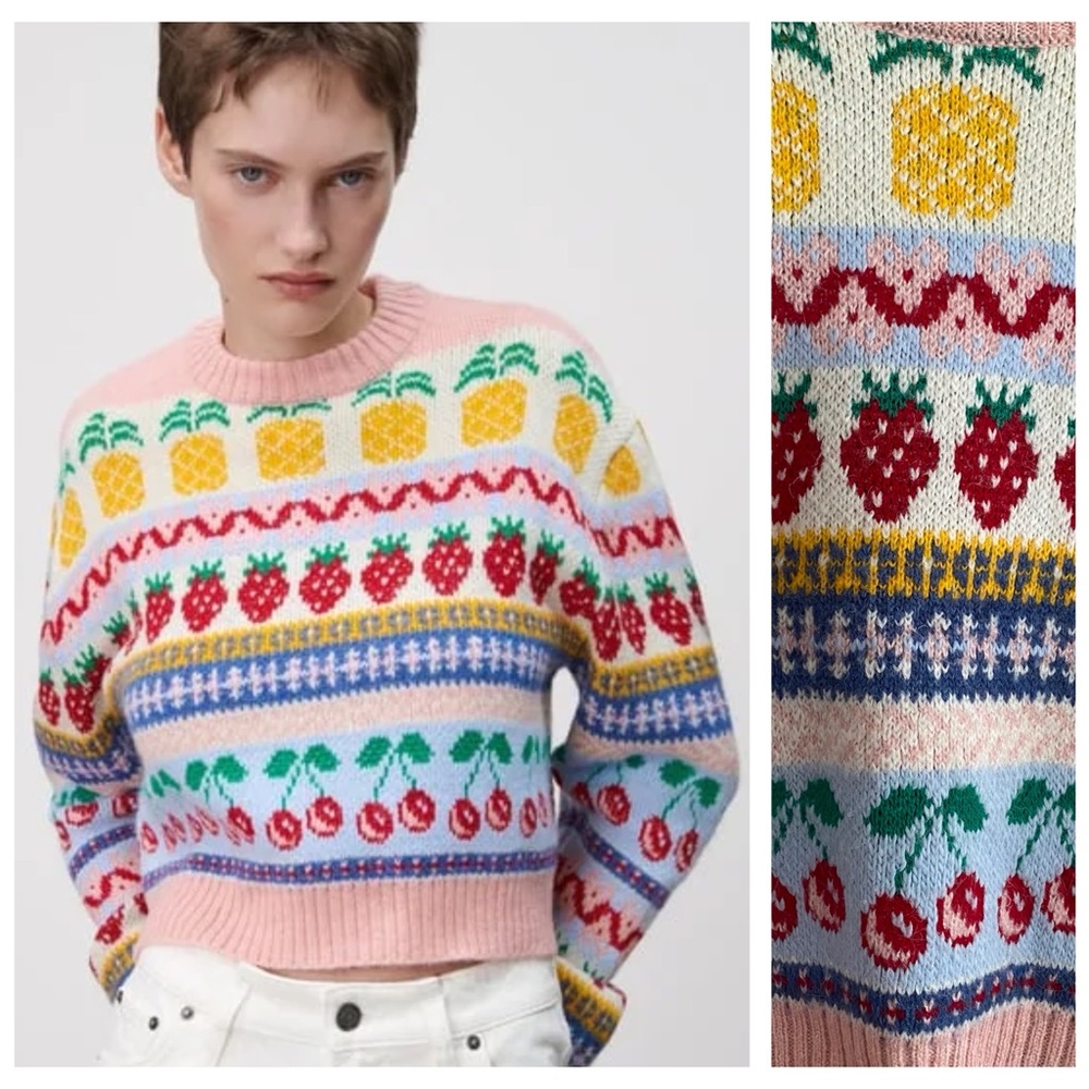 Zara Colorful Fruit Print Fair Isle Jacquard Knit Sweater Small